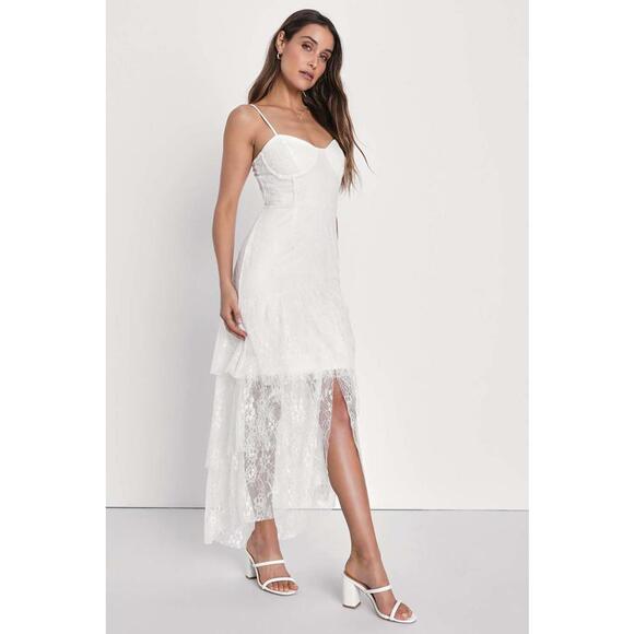 Lulus Elaborate Love White Lace Bustier Tiered High-Low Maxi Dress Size M - Picture 1 of 8